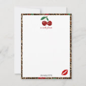 Leopard Cheetah Animal Print Red Cherry Pattern ノートカード (正面)