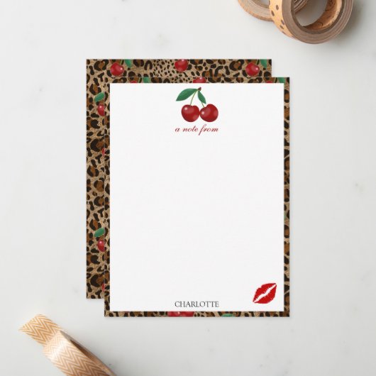 Leopard Cheetah Animal Print Red Cherry Pattern ノートカード (正面/裏面インサイチュ)