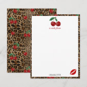 Leopard Cheetah Animal Print Red Cherry Pattern ノートカード (正面/裏面)