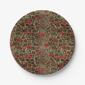 Leopard Cheetah Animal Print Red Cherry Pattern ペーパープレート (正面)