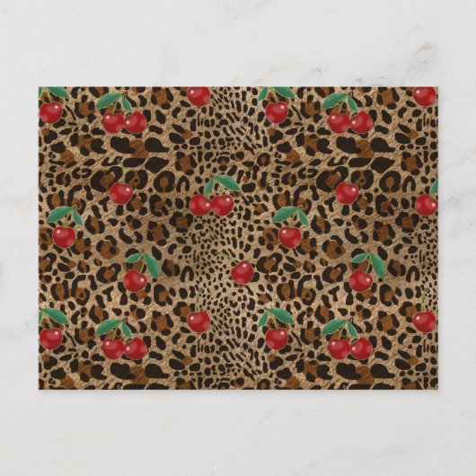 Leopard Cheetah Animal Print Red Cherry Pattern ポストカード (正面)