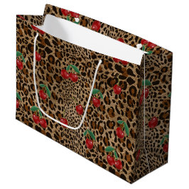 Leopard Cheetah Animal Print Red Cherry Pattern ラージペーパーバッグ