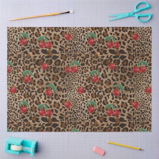 Leopard Cheetah Animal Print Red Cherry Pattern 薄葉紙 (クラフト)
