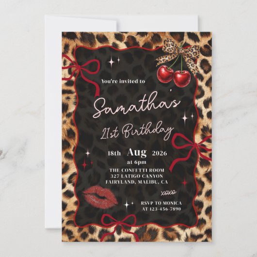 Leopard Cheetah Cherries Birthday Invitation 招待状 (正面)