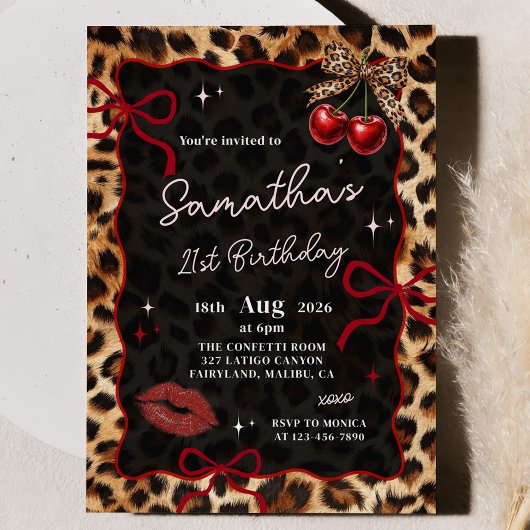 Leopard Cheetah Cherries Birthday Invitation 招待状