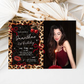 Leopard Cheetah Cherries Birthday Photo Invitation 招待状