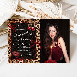 Leopard Cheetah Cherries Birthday Photo Invitation 招待状