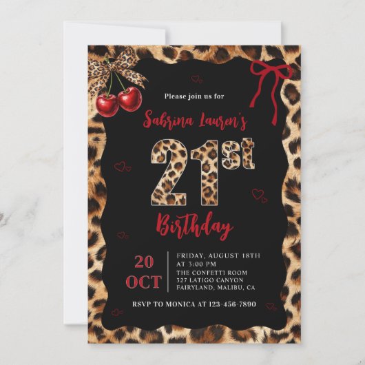 Leopard Cheetah Cherry 21st Birthday Invitation 招待状 (正面)