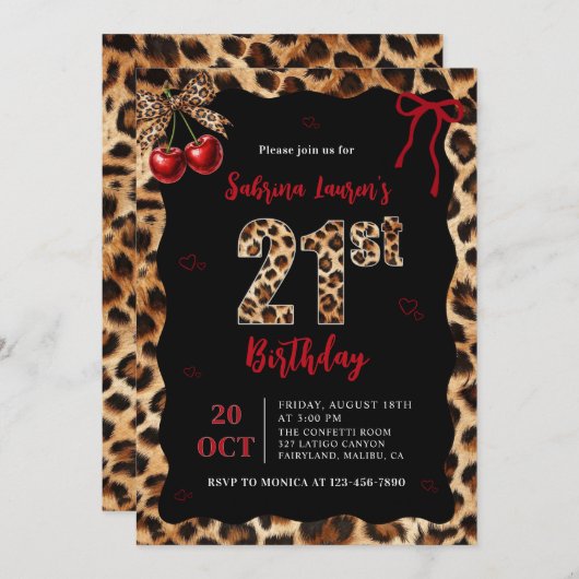 Leopard Cheetah Cherry 21st Birthday Invitation 招待状 (正面/裏面)