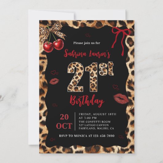 Leopard Cheetah Cherry 21st Birthday Invitation 招待状 (正面)