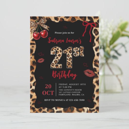 Leopard Cheetah Cherry 21st Birthday Invitation 招待状 (スタンド正面)