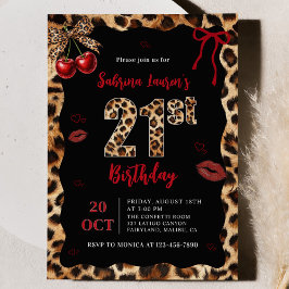 Leopard Cheetah Cherry 21st Birthday Invitation 招待状