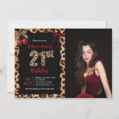 Leopard Cheetah Cherry 21st Birthday Photo 招待状 (正面)