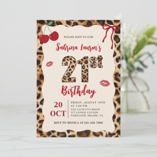 Leopard Cheetah Cherry Birthday 招待状 (スタンド正面)