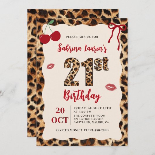 Leopard Cheetah Cherry Birthday 招待状 (正面/裏面)