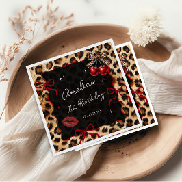Leopard Cheetah Cherry Birthday Party Napkins スタンダードカクテルナプキン