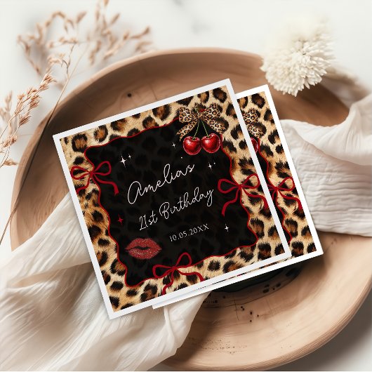 Leopard Cheetah Cherry Birthday Party Napkins スタンダードカクテルナプキン