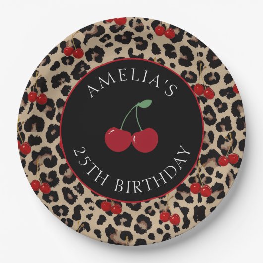 Leopard Cheetah Cherry Birthday Party Paper Plates ペーパープレート (正面)