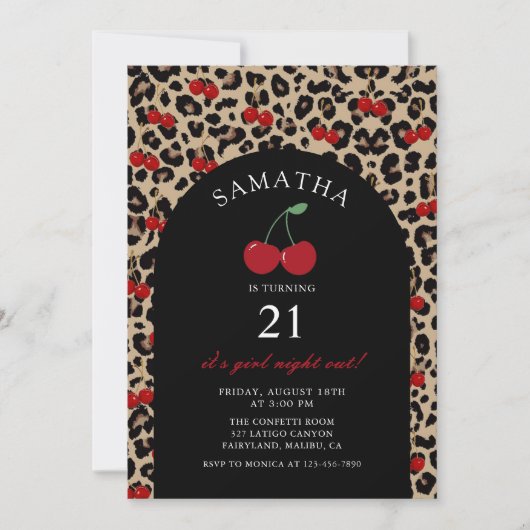 Leopard Cheetah Cherry Birthday Photo Invitation 招待状 (正面)