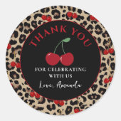Leopard Cheetah Cherry Birthday Sticker ラウンドシール (正面)