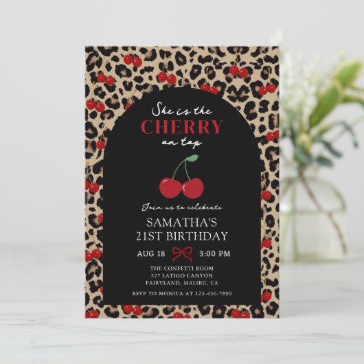 Leopard Cheetah Cherry On Top Birthday Invitation 招待状 (スタンド正面)