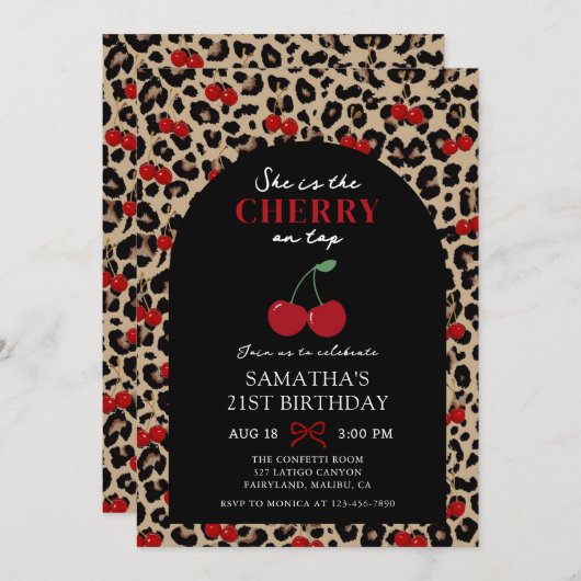 Leopard Cheetah Cherry On Top Birthday Invitation 招待状 (正面/裏面)
