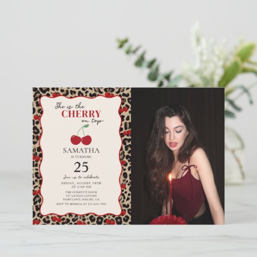 Leopard Cheetah Cherry On Top Birthday Photo 招待状 (スタンド正面)