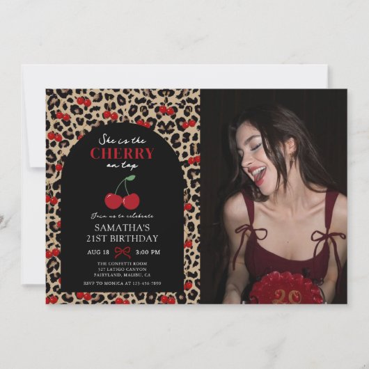 Leopard Cheetah Cherry On Top Birthday Photo 招待状 (正面)