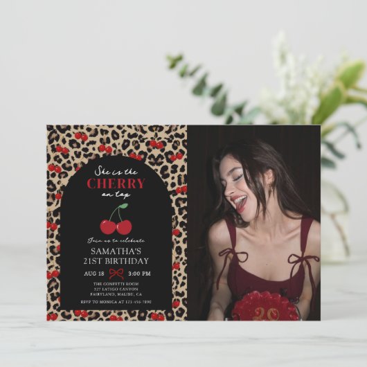 Leopard Cheetah Cherry On Top Birthday Photo 招待状 (スタンド正面)