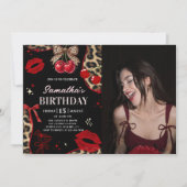 Leopard Cheetah Coquette Cherry Birthday Photo 招待状 (正面)