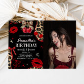 Leopard Cheetah Coquette Cherry Birthday Photo 招待状