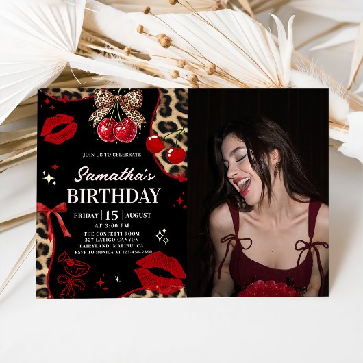 Leopard Cheetah Coquette Cherry Birthday Photo 招待状
