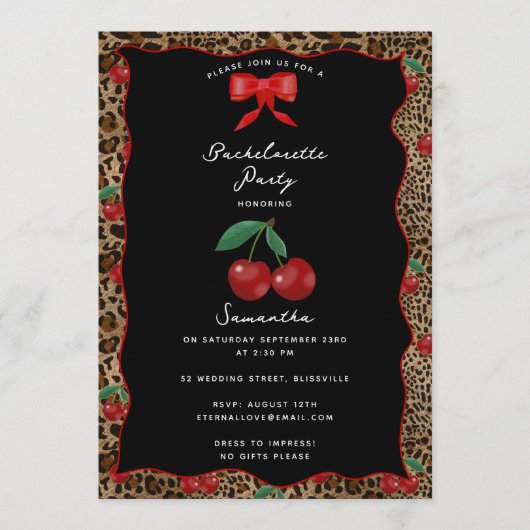 Leopard Cheetah Print Cherry Cocktail Bachelorette 招待状 (正面)