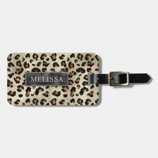 Leopard Cheetah Print With Black Faux Foil And Nam ラゲッジタグ (正面横)
