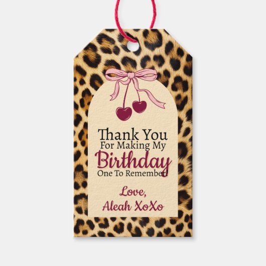 Leopard Cherry Pink Bow Birthday Cute & Glam Party ギフトタグ (正面)