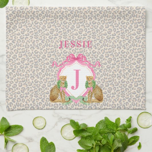 Leopard Christmas Crest Monogram With Name キッチンタオル (折り畳み)