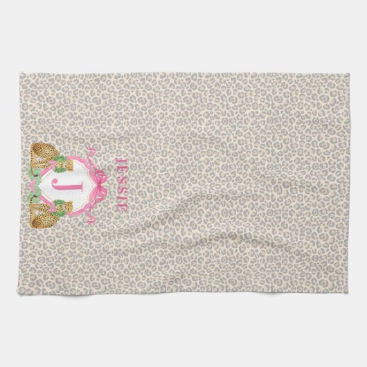 Leopard Christmas Crest Monogram With Name キッチンタオル (横)