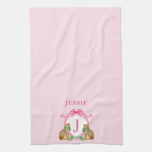Leopard Christmas Crest Monogram With Name キッチンタオル (縦)