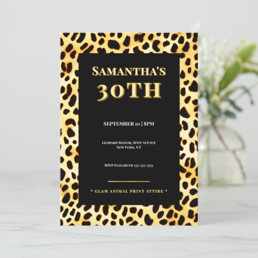 Leopard fur 30th Birthday Invitation Gold Black 招待状 (スタンド正面)