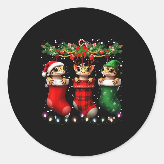 Leopard Gecko In Christmas Socks Lights Leopard Ge ラウンドシール (正面)