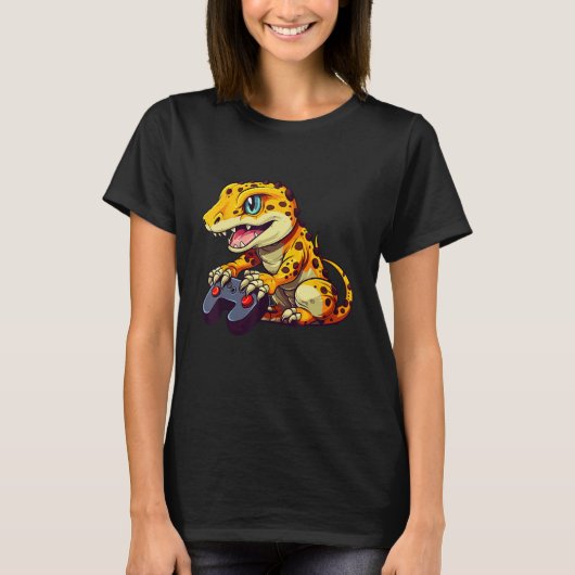 Leopard Gecko Playing Video Game Lizard & Reptiles Tシャツ (正面)