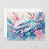 Leopard Gecko with Teal Spot and Tropical Flower ポストカード (正面/裏面)