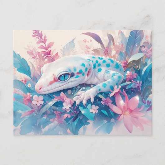 Leopard Gecko with Teal Spot and Tropical Flower ポストカード (正面)