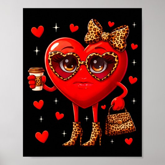 Leopard Heart Drinking Coffee Valentines Day Women ポスター (正面)