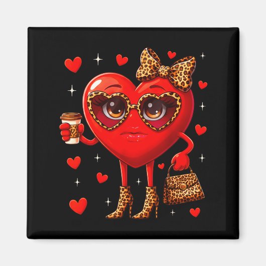 Leopard Heart Drinking Coffee Valentines Day Women マグネット (正面)