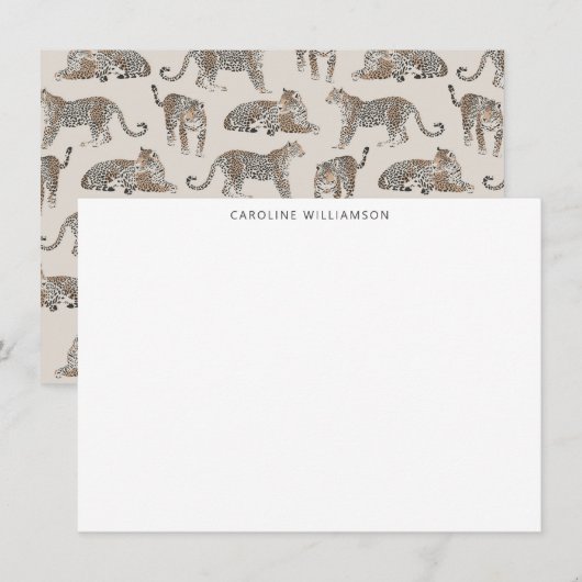 Leopard Illustrated Personalized Stationery Name ノートカード (正面/裏面)