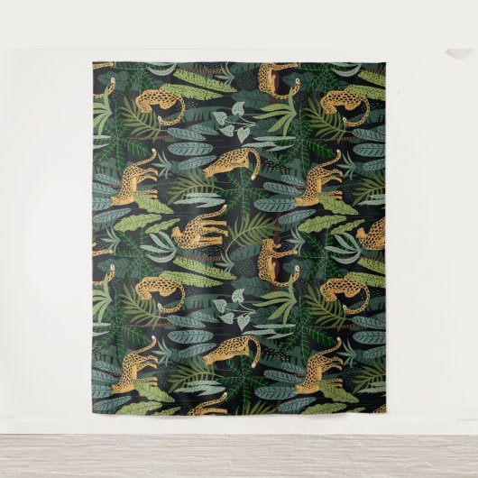 Leopard Jungle Forest Illustration Seamless Custom タペストリー (正面)