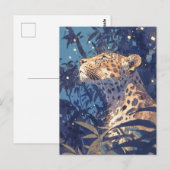 Leopard Looking Up at Starry Sky in Indigo Jungle ポストカード (正面/裏面)