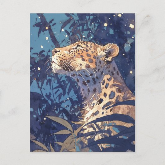 Leopard Looking Up at Starry Sky in Indigo Jungle ポストカード (正面)