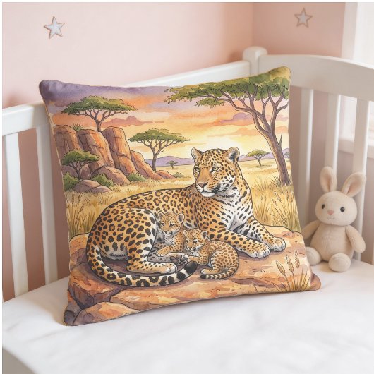 Leopard Mama And Cubs Safari Animals  クッション